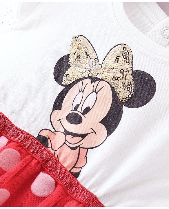 Babyhug Disney  Sleeves Frock with Mesh &  Frill Detailing  Minnie Mouse Graphics - White