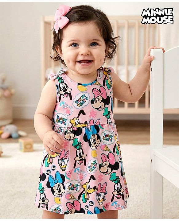 Babyhug Disney Cotton Jersey Knit Sleeveless Minnie Mouse Printed Frock - Pink
