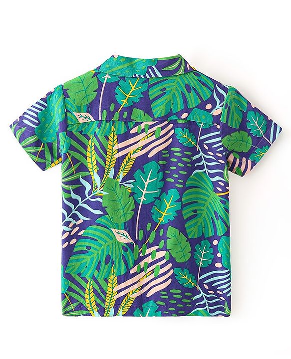 Babyhug 100% Cotton Woven Half Sleeve Resort Collar Shirt With Tropical Print - Green & Blue