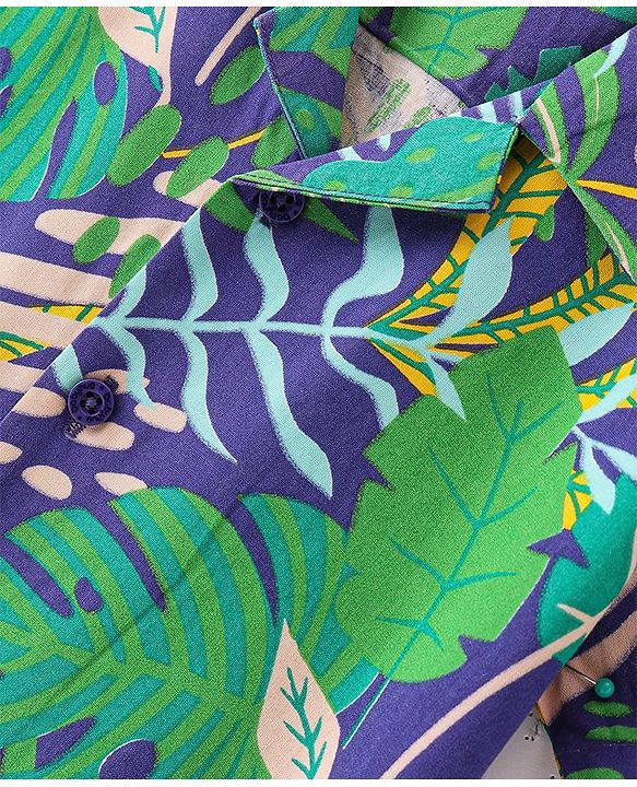 Babyhug 100% Cotton Woven Half Sleeve Resort Collar Shirt With Tropical Print - Green & Blue