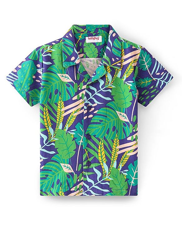Babyhug 100% Cotton Woven Half Sleeve Resort Collar Shirt With Tropical Print - Green & Blue
