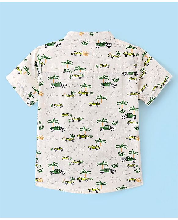 Babyhug 100% Cotton Woven Half Sleeves Shirt With Cars Print - White & Green