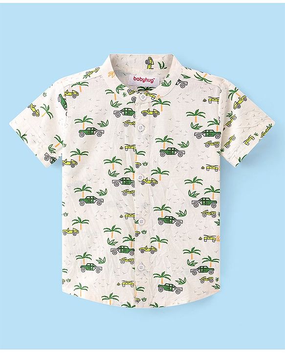 Babyhug 100% Cotton Woven Half Sleeves Shirt With Cars Print - White & Green
