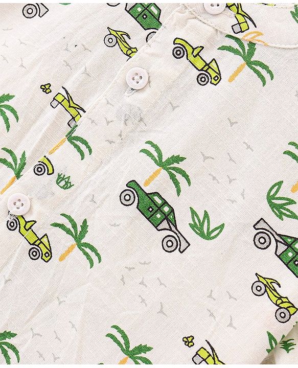 Babyhug 100% Cotton Woven Half Sleeves Shirt With Cars Print - White & Green