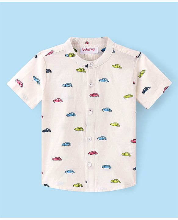Babyhug 100% Cotton Woven Half Sleeves Shirt With Car Print - White