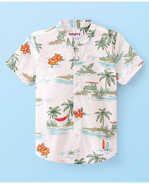 Babyhug 100% Cotton Woven Half Sleeves Mandarin Collar Beach Theme Print Shirt- White