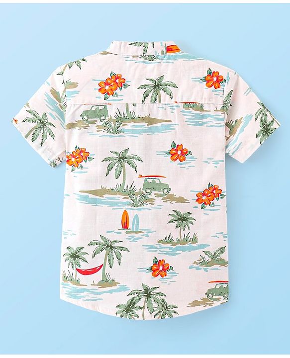 Babyhug 100% Cotton Woven Half Sleeves Mandarin Collar Beach Theme Print Shirt- White