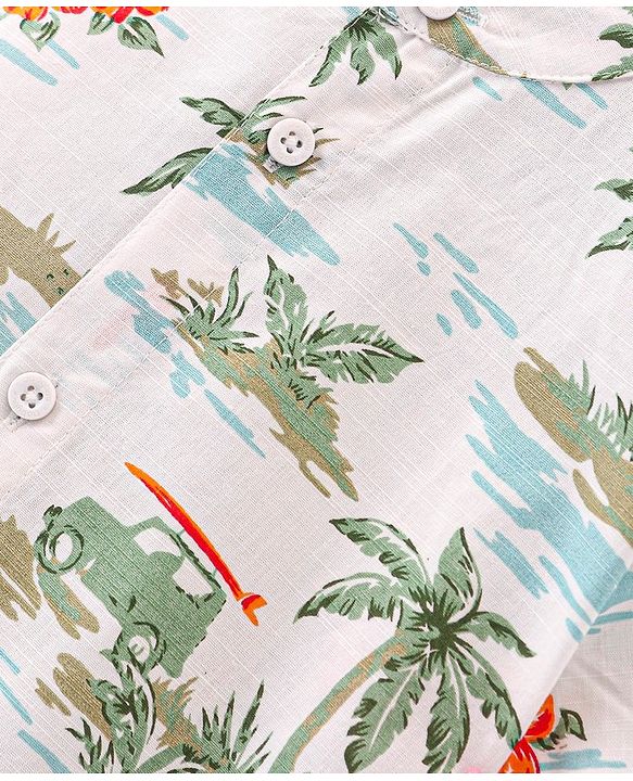 Babyhug 100% Cotton Woven Half Sleeves Mandarin Collar Beach Theme Print Shirt- White