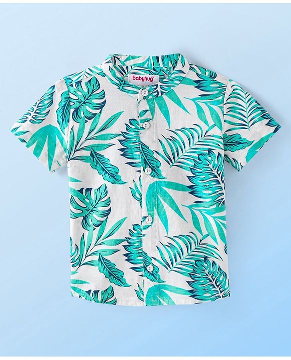 Babyhug 100% Cotton Woven Half Sleeves Mandarin Collar Leafy Printed Shirt- White