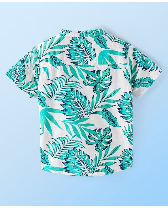 Babyhug 100% Cotton Woven Half Sleeves Mandarin Collar Leafy Printed Shirt- White