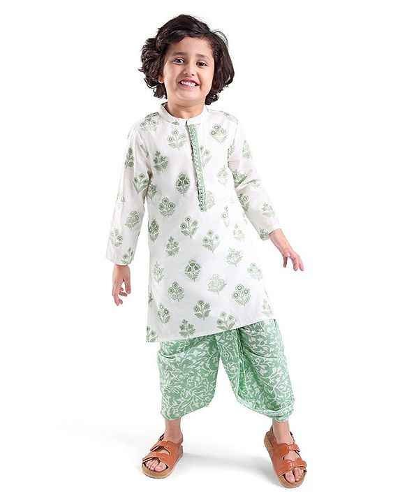 Babyhug  Cotton Woven Full Sleeves Floral Printed  Kurta Dhoti Set- White