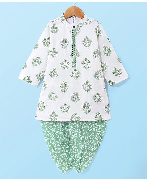 Babyhug  Cotton Woven Full Sleeves Floral Printed  Kurta Dhoti Set- White