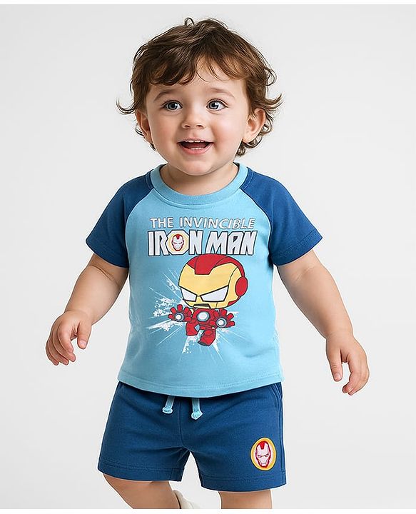 Babyhug Marvel 100% Cotton Single Jersey Knit Raglan Sleeves T-Shirt and Shorts Iron Man Graphics - Blue