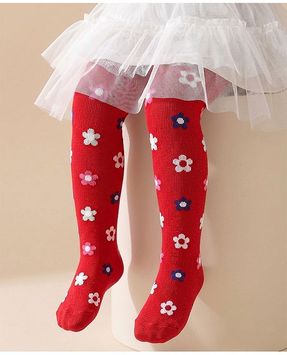 Cute Walk by Babyhug Anti Bacterial Footed Tights Floral Design - Red