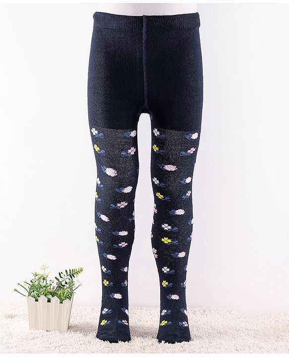 Cute Walk by Babyhug Anti-Bacterial Cotton Knit Footed Tights Floral Print - Navy Blue