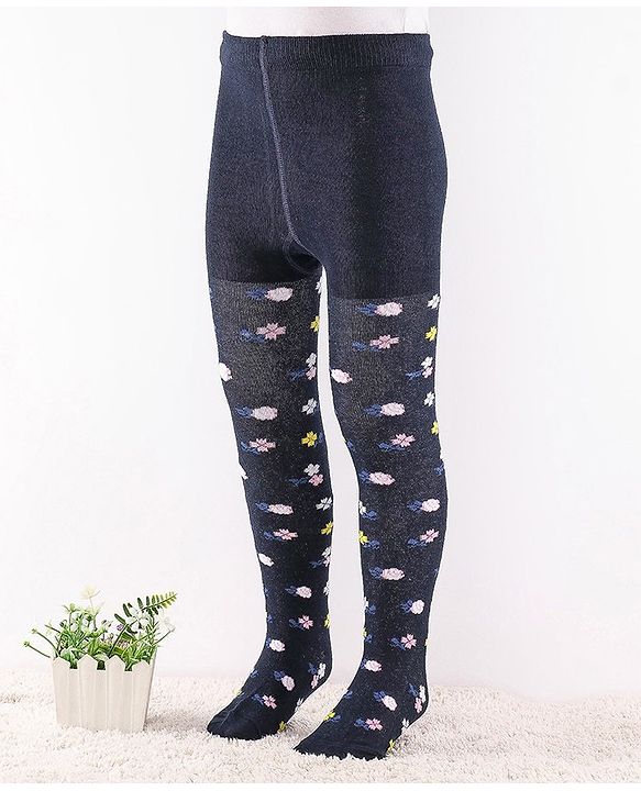 Cute Walk by Babyhug Anti-Bacterial Cotton Knit Footed Tights Floral Print - Navy Blue