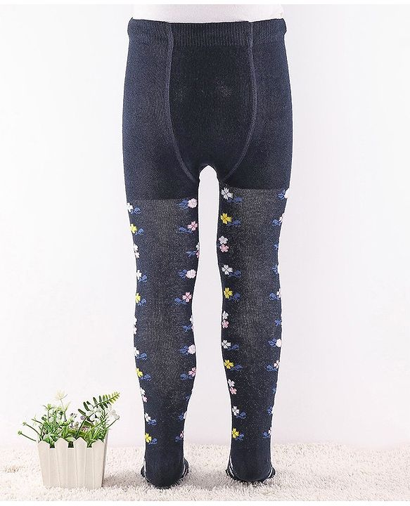 Cute Walk by Babyhug Anti-Bacterial Cotton Knit Footed Tights Floral Print - Navy Blue