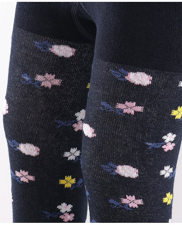 Cute Walk by Babyhug Anti-Bacterial Cotton Knit Footed Tights Floral Print - Navy Blue