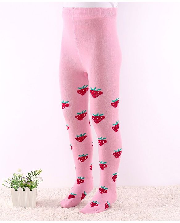 Cute Walk by Babyhug Non Terry Knit Anti Bacterial Footed Tights Strawberry Design - Pink