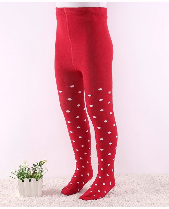 Cute Walk by Babyhug Non Terry Knit Anti Bacterial Footed Tights Polka Dot Design - Red