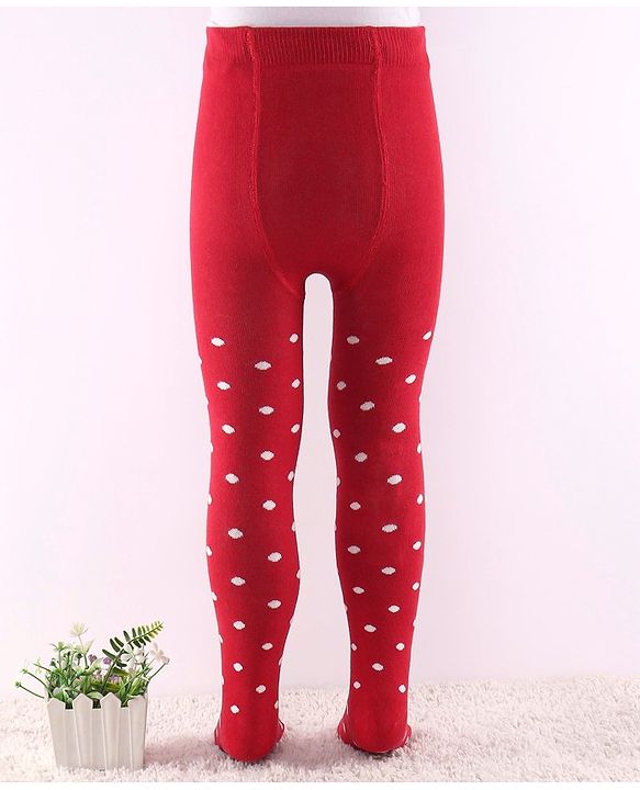 Cute Walk by Babyhug Non Terry Knit Anti Bacterial Footed Tights Polka Dot Design - Red