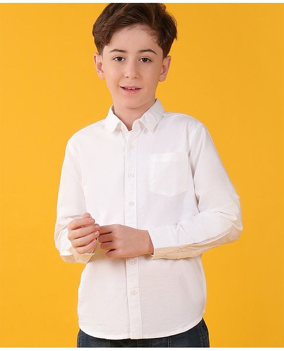 Pine Kids Cotton Woven Full Sleeves Solid Color Shirt - White
