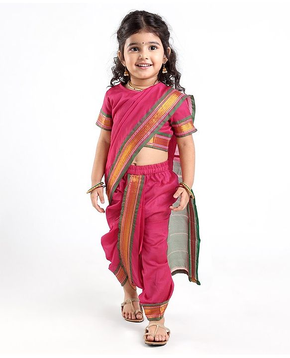 Babyhug Half Sleeves Blouse And Zari Bordered Nauvari Saree - Red