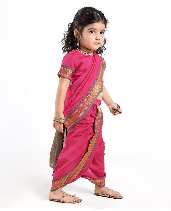 Babyhug Half Sleeves Blouse And Zari Bordered Nauvari Saree - Red