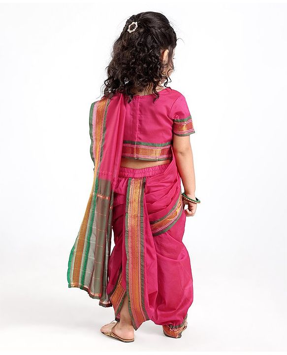 Babyhug Half Sleeves Blouse And Zari Bordered Nauvari Saree - Red