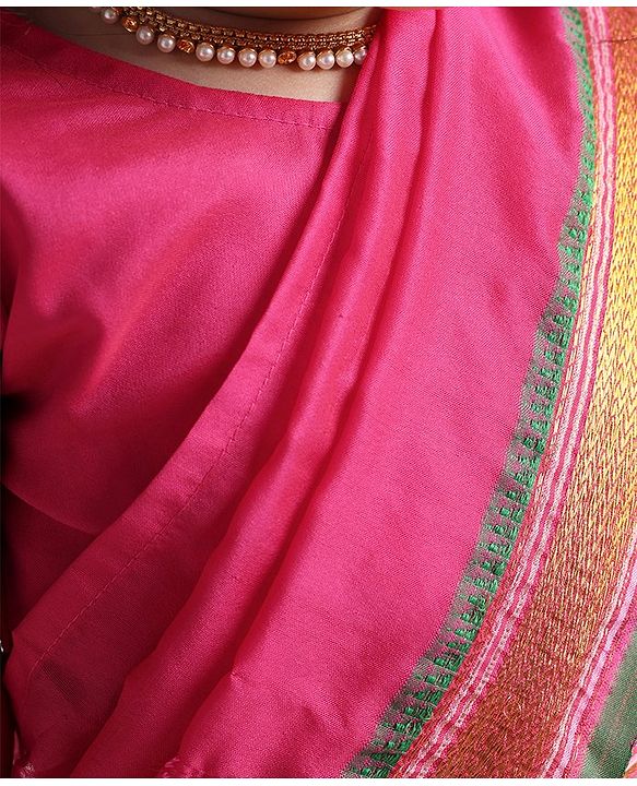 Babyhug Half Sleeves Blouse And Zari Bordered Nauvari Saree - Red