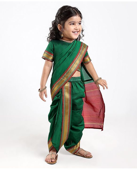 Babyhug Half Sleeves Blouse And Zari Bordered Nauvari Saree - Green