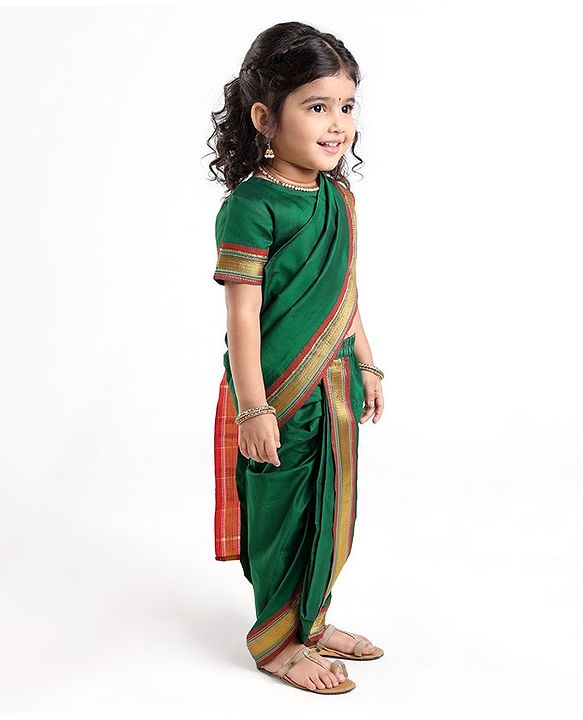Babyhug Half Sleeves Blouse And Zari Bordered Nauvari Saree - Green