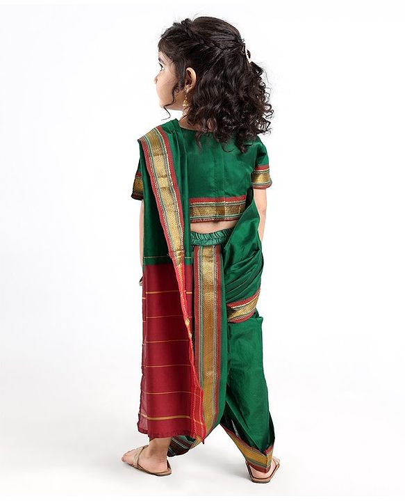 Babyhug Half Sleeves Blouse And Zari Bordered Nauvari Saree - Green