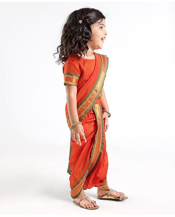 Babyhug Half Sleeves Blouse And Zari Bordered Nauvari Saree - Orange
