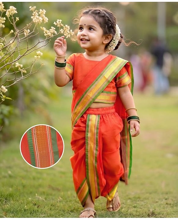 Babyhug Half Sleeves Blouse And Zari Bordered Nauvari Saree - Orange