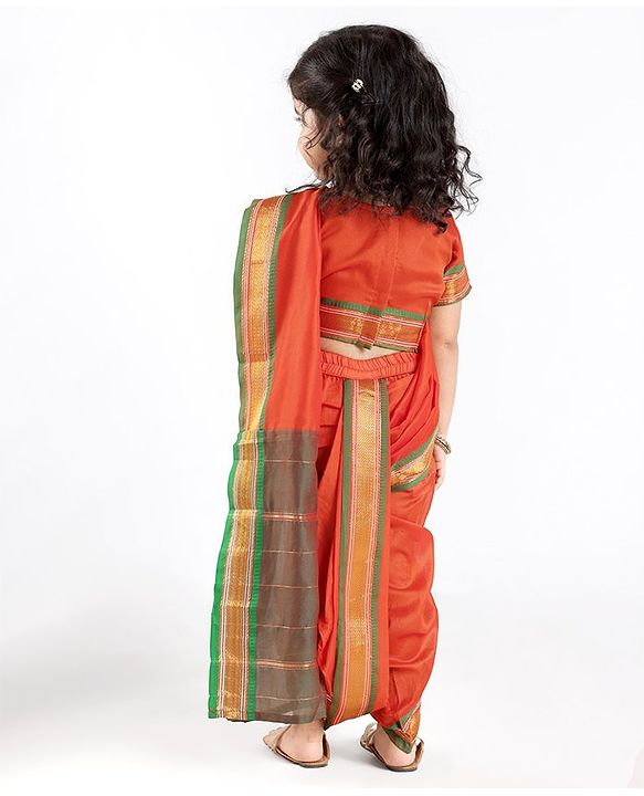 Babyhug Half Sleeves Blouse And Zari Bordered Nauvari Saree - Orange