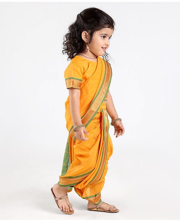 Babyhug Half Sleeves Blouse And Zari Bordered Nauvari Saree - Yellow
