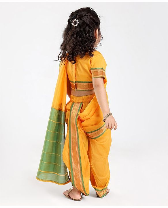 Babyhug Half Sleeves Blouse And Zari Bordered Nauvari Saree - Yellow