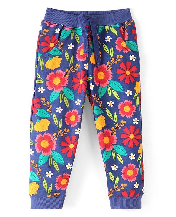Babyhug Cotton Looper Knit Full Length Lounge Pant Floral Print -  Navy