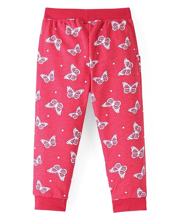 Babyhug Cotton Looper Full Length Lounge Pant With Butterfly Print - Pink