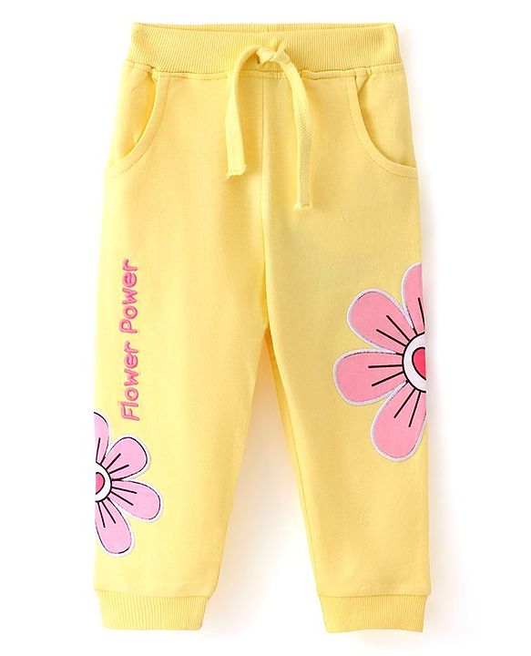 Babyhug Cotton Looper Full Length Lounge and Track Pants Floral Patch - Yellow