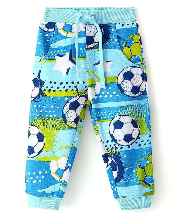 Babyhug Cotton Looper Full Length Lounge and Track Pants Football Print - Blue