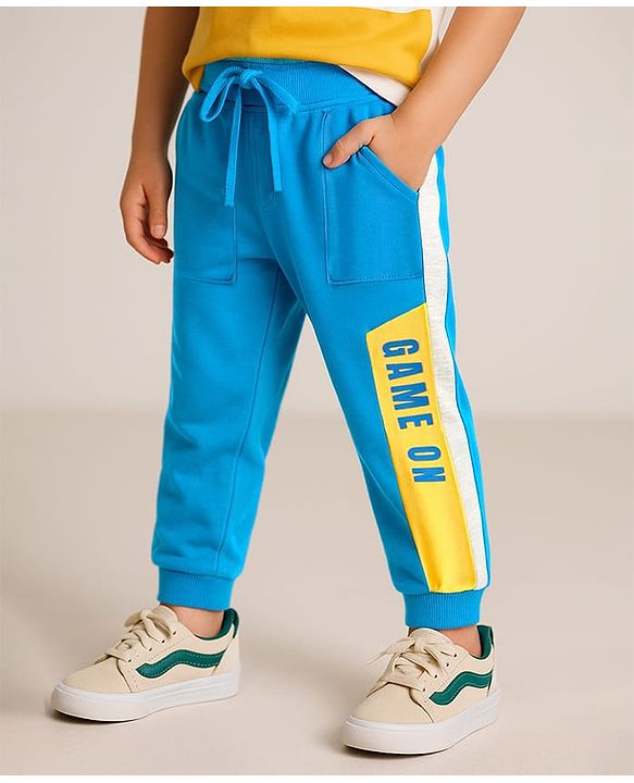 Babyhug Cotton Looper Full Length Track Pant Game On Print - Blue