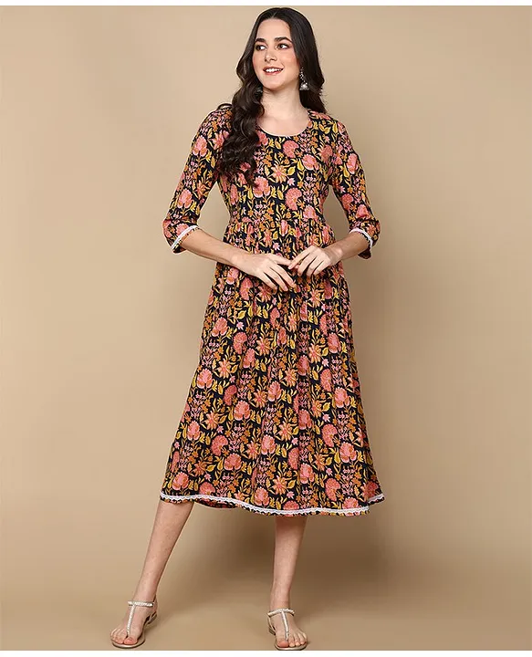 Zelena Three Forth Sleeves Feeding Anarkali Maternity Dress With Pocket &  Zipper Access Multicolor Online in India, Buy at Best Price from Firstcry.com  - 15883976