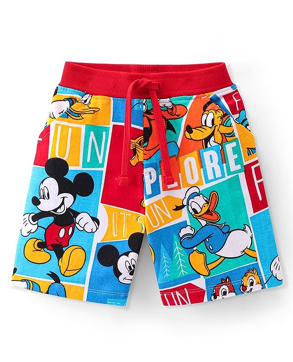 Babyhug Disney Cotton Knit Shorts  With Mickey Mouse Family Print- Multicolour