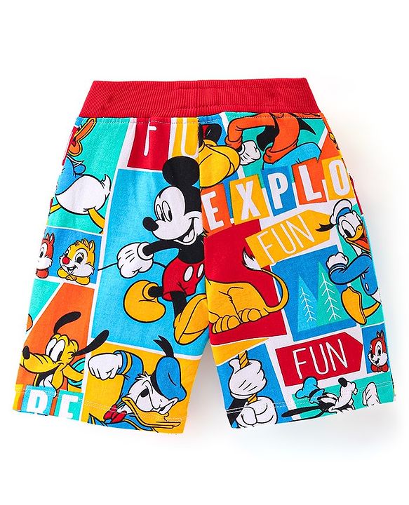 Babyhug Disney Cotton Knit Shorts  With Mickey Mouse Family Print- Multicolour