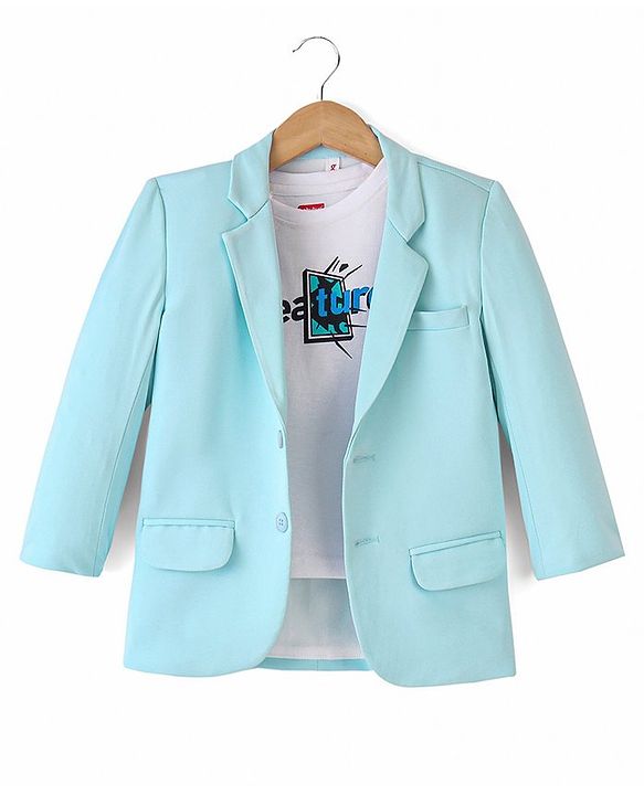 Babyhug Full Sleeves Party Wear Blazer with Graphic Printed T-Shirt - Mint Blue