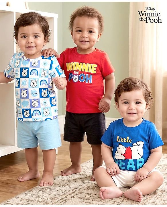 Babyhug Disney Cotton Knit Half Sleeves Bear Printed T-Shirts Pack of 3 - Red & Blue