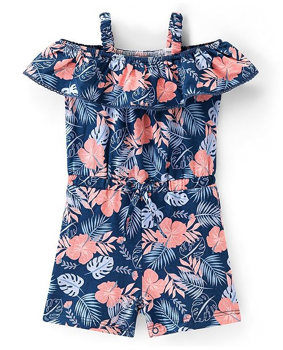 Babyhug Cotton Jersey Knit Cold Shoulder Sleeves Jumpsuit with Bow Applique Leaf Print - Navy Blue