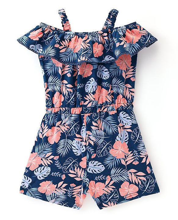 Babyhug Cotton Jersey Knit Cold Shoulder Sleeves Jumpsuit with Bow Applique Leaf Print - Navy Blue